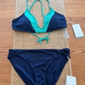 Carve Designs Sustainable Teal and Navy Bikini made from recycled bottles